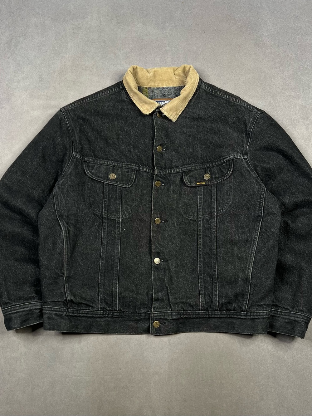 Vintage Stormrider Black Denim Trucker Jacket with Tan Corduroy Collar